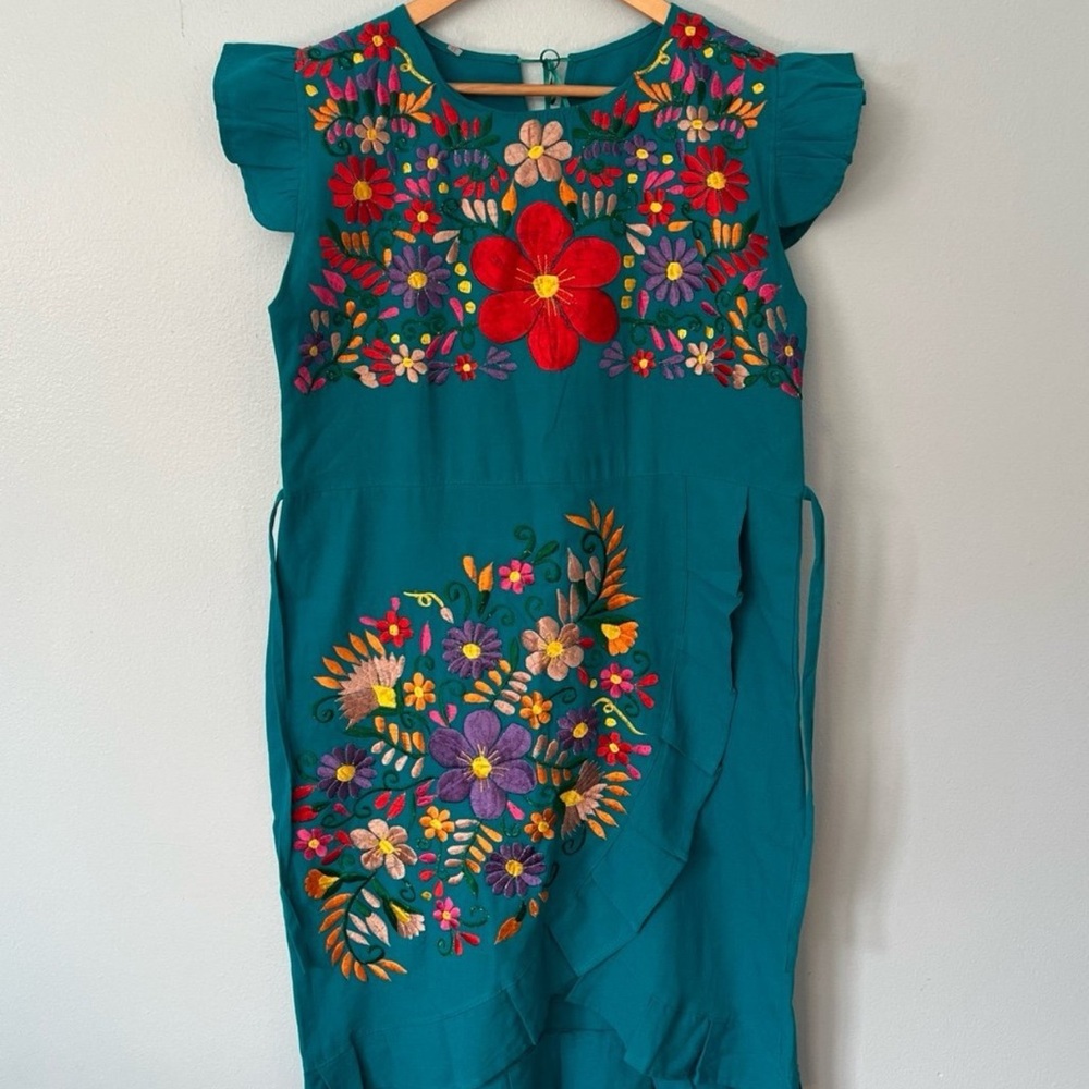 Teal Floral Embroidered Dress